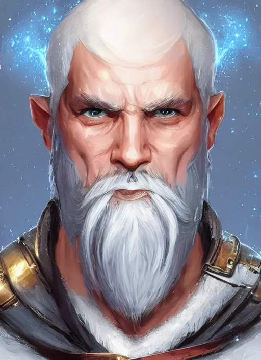 Image similar to man with short white hair and white circle beard, dndbeyond, bright, colourful, realistic, dnd character portrait, full body, pathfinder, pinterest, art by ralph horsley, dnd, rpg, lotr game design fanart by concept art, behance hd, artstation, deviantart, hdr render in unreal engine 5