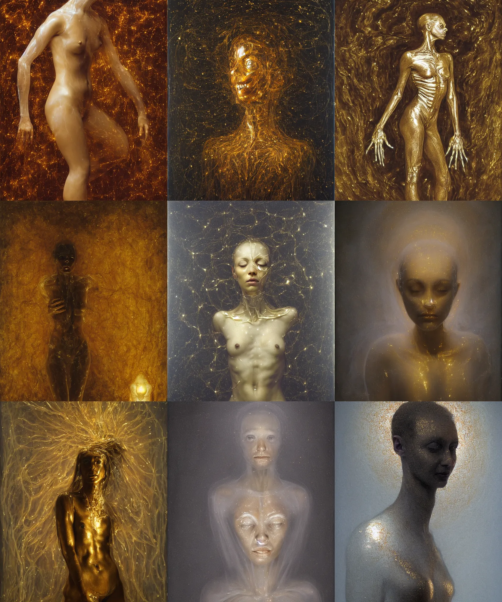 Prompt: Beautiful full-body wax sculpture of glowing transparent woman in light mask with visible gold bones covered with melted white wax inside the singularity where stars becoming baroque folds of dark matter by Michelangelo da Caravaggio, Nicola Samori, William Blake, Alex Grey and Beksinski, dramatic volumetric lighting, highly detailed oil painting, 8k, masterpiece