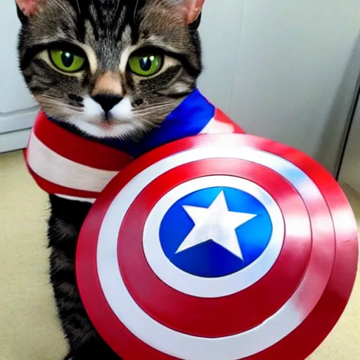 Image similar to a cat wearing captain america's outfit