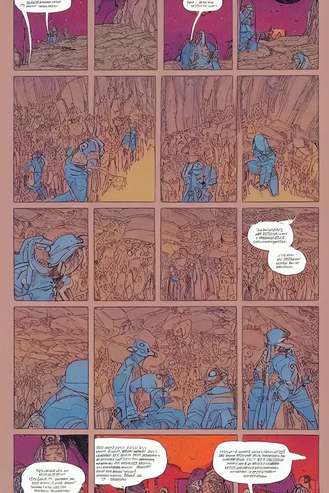 Prompt: colorfull comicpage with panels and speech balloons by Moebius showing themeaning of life