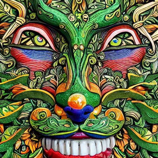 Prompt: beautiful colourful highly detailed incredibly ornate decorative green man as a cat face 3 d sculplture by walter crane and william morris, closeup, twisting leaves, tiny fine flowing lines, abstract psychedelic, 8 k, artstation