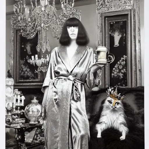 Prompt: a stunning hyper-detailed photo by Diane Arbus of a slender beautiful woman with straight long ginger hair and bangs, wearing a luxurious silk robe and retro eyeglasses and a jeweled gold crown, posing with her large ginger tabby cat and raccoon and parrots on an elaborate throne in her high-ceiling Victorian living room, holding a porcelain parrot-shaped coffee mug and a donut, perfect eyes, fashion photography, dramatic cinematic lighting, octane render, IBEX Masters, unreal engine, 85 mm lens, paisley wallpaper