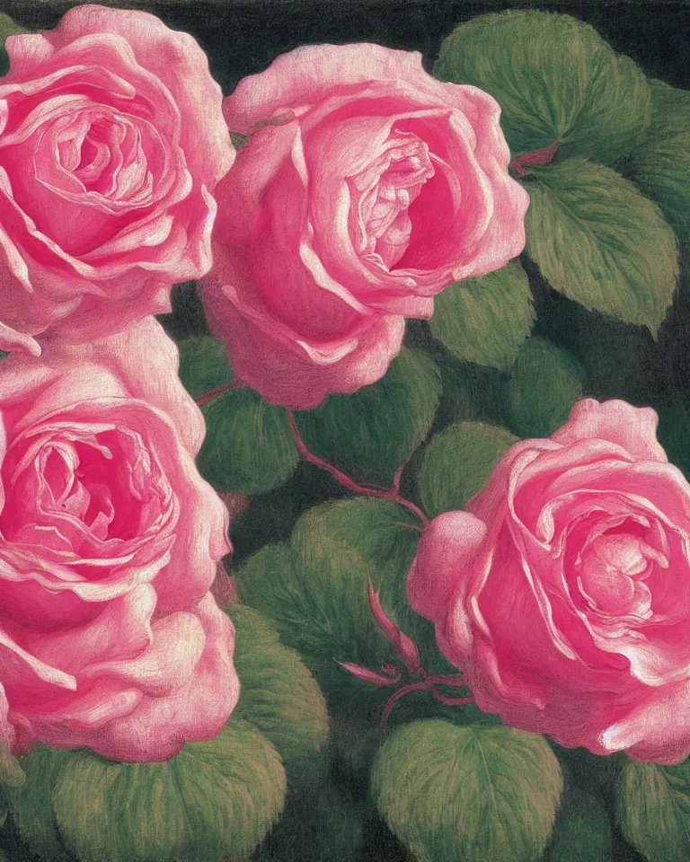 Image similar to achingly beautiful extreme close up painting of blooming pink rose by rene magritte, monet, and turner. piranesi. macro lens, symmetry, circular.