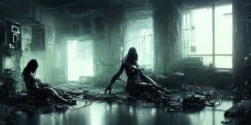 Prompt: a female cyborg sitting on the floor, inside an old apartment, cybernetic parts and wires and cables scattered across the floor, dystopian aesthetics, cyberpunk, concept art, misty, cinematic, dramatic lighting, ominous, by jeremy mann and michael weisheim beresin and ruan jia