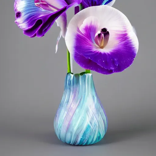 Image similar to blue and purple genetically modified blend of rose lily carnation orchid ranunculus!!! anenome, floral arrangement in futuristic!! vase made of mother of pearl, architectural digest, year 2 3 0 0