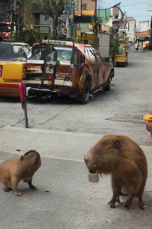 Image similar to a cute Capybara delivering pizza