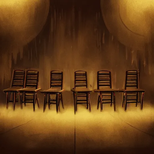 Image similar to an ominous circle of chairs, poster art, atmospheric, concept art, in the style of magic the gathering, dramatic lighting, plain wooden chairs