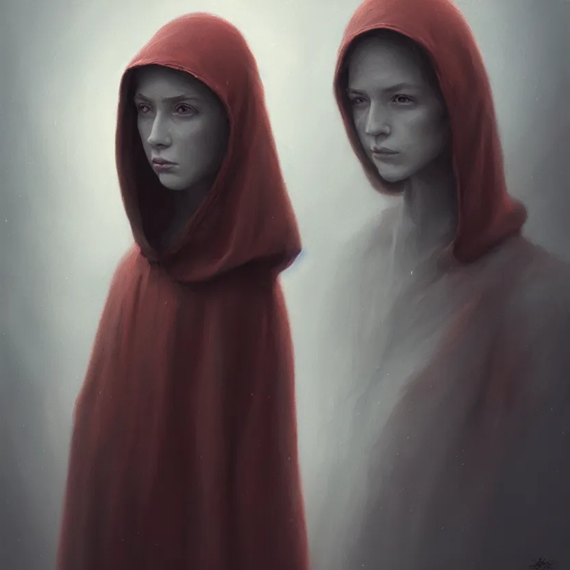 Image similar to Portrait of a young woman wearing a hooded robe, anatomically correct, perfect face, cinematic lighting, candid, intricate, elegant, highly detailed digital painting, trending on Artstation, concept art, smooth, sharp focus, illustration and art by Beksinski, by Simon Stalenhag