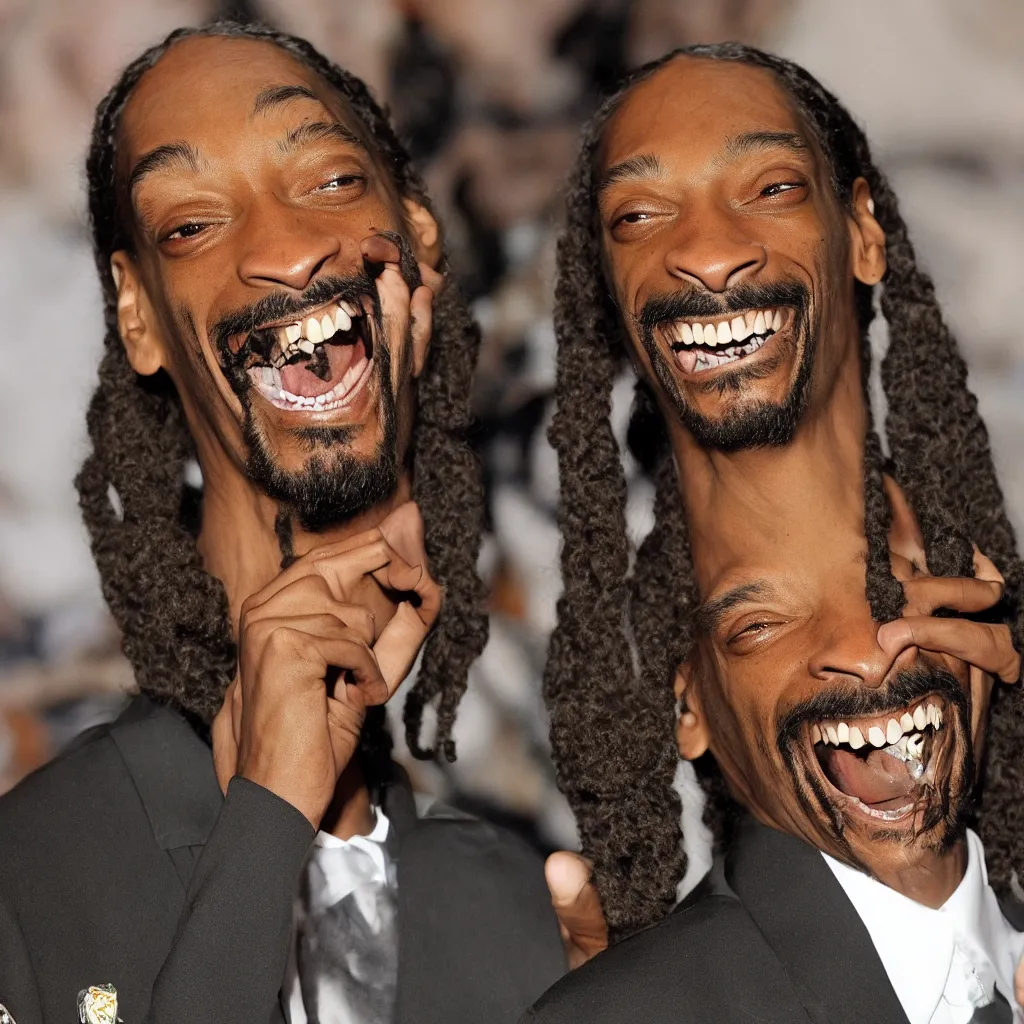 Image similar to a photo of Snoop Dogg laughing hysterically, eyes wide open