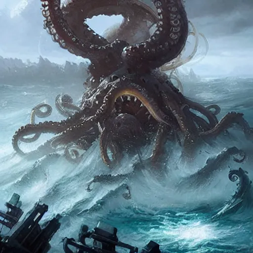 Image similar to a kraken with multiple eyes, tentacles rising from the sea, exploded ship, magic the gathering art, art by greg rutkowski, fantasy rpg, league of legends