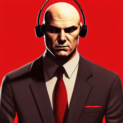 Prompt: a concept art portrait of agent 4 7 from hitman wearing headphones, dark background, red rim light, highly detailed, smooth, sharp focus, art by jason chan