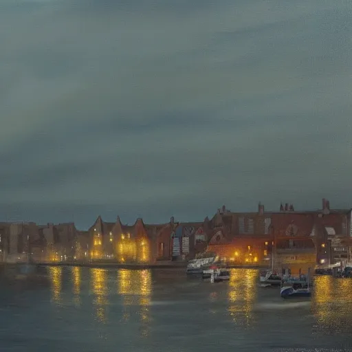 Image similar to painting of whitby in winter, at dusk, includes the harbor, photo realism, volumetric lighting