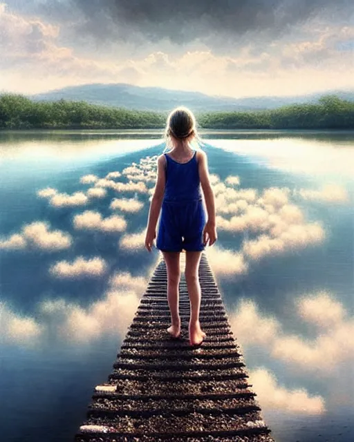 Image similar to a barefoot girl carries her shoes on a lake of reflective water and faintly visible submerged train tracks, water covers everything, large white clouds on a wide horizon, intricate, elegant, highly detailed, digital photo, artstation, concept art, smooth, sharp focus, low angle photo, art by artgerm and greg rutkowski and fra angelico