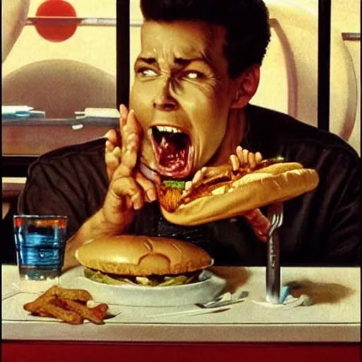 Image similar to hyper realistic, detailed beautiful cute alien, eating a cheeseburger, at a 5 0 s diner, painted by norman rockwell, greg rutkowski, john howe, wlop, artgerm