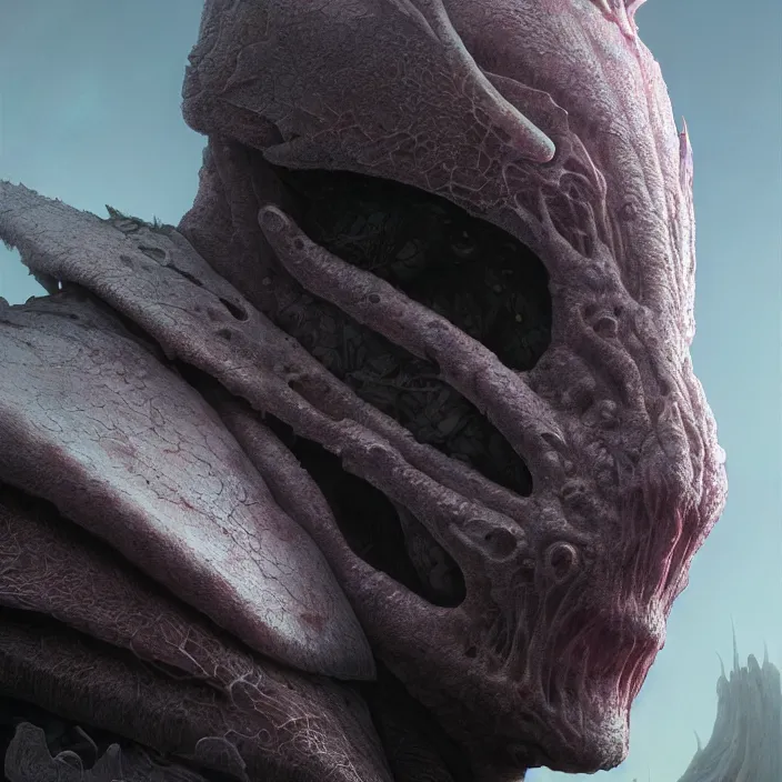 Image similar to a portrait of a character in a scenic environment by wayne barlowe and nihei tsutomu, close up shot, dreamy hazy, biological armor, highly detailed, 3 d render, vray, octane, realistic lighting