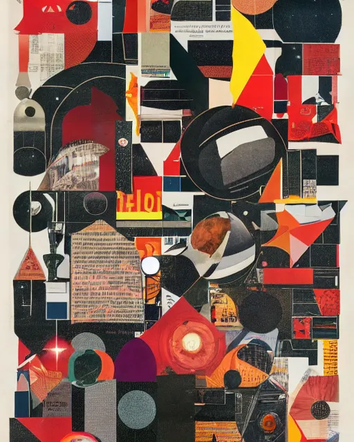 Prompt: A mid-century modern collage, made of random geometric segments cut out of vintage magazines, of 2001: A Space Odyssey film poster. 1968