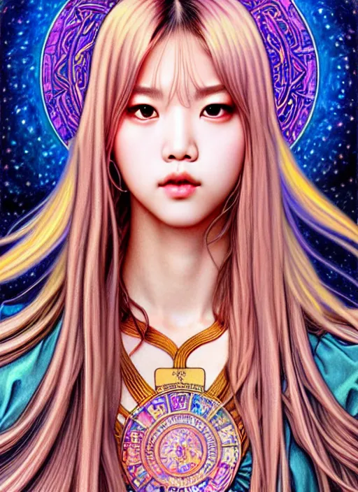 Image similar to lalisa manoban of blackpink, goddess of the moon, tarot card, highly detailed, digital painting, smooth, sharp focus, illustration, ultra realistic, 8 k, art by artgerm and alphonse mucha