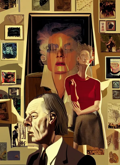 Prompt: Twin Peaks poster artwork by Michael Whelan, Bob Larkin and Tomer Hanuka, Karol Bak of portrait of radio host Tilda Swinton hanging out in her studio radio sound booth, from scene from Twin Peaks, simple illustration, domestic, nostalgic, from scene from Twin Peaks, clean, cover of New Yorker magazine, 1980s book cover, 1990s