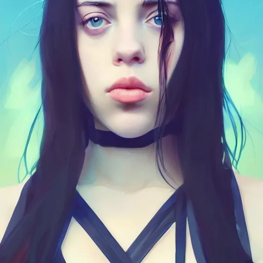 Image similar to a beautiful billie eilish kat dennings alluring instagram model in elaborate latex tank top, by guweiz and wlop and ilya kuvshinov and artgerm and makoto shinkai and studio ghibli, symmetrical eyes, aesthetic, gorgeous, stunning, alluring, attractive, artstation, deviantart, pinterest, digital art