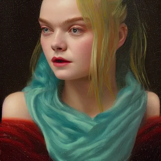 Prompt: Elle Fanning wearing a teal baclava in the style of Paola Vetri, head and shoulders portrait, stormy weather, extremely detailed masterpiece, oil on canvas, low-key neon lighting, artstation, Blade Runner 2049, Roger Deakin’s cinematography, by J. C. Leyendecker and Peter Paul Rubens and Edward Hopper and Michael Sowa,