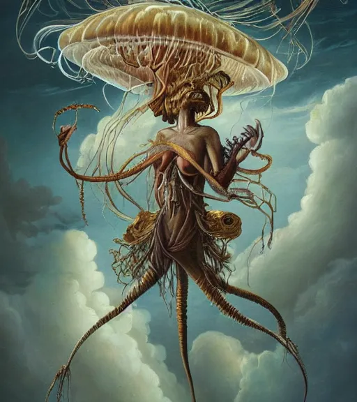 Image similar to an anatomical oil painting of a Jellyfish Harpy from a medical journal by Peter Mohrbacher and Nychos, highly detailed, high detail, 8k, storm clouds, birds, dramatic lighting
