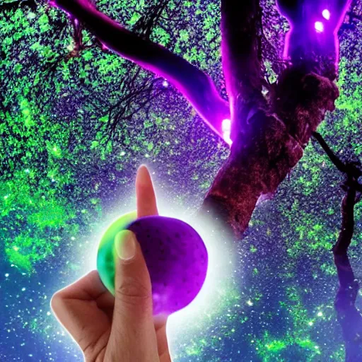 Image similar to thanos eating psilocybin mushrooms on the top of a tree glowing in florescent colors