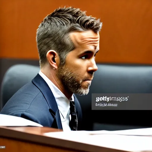 Image similar to news photo of ryan reynolds in courtroom on trial, lawyer sitting beside him, highly detailed, extremely high quality, hd, 4 k, 8 k, professional photographer, 4 0 mp, lifelike, top - rated, award winning, realistic, detailed lighting, detailed shadows, sharp, no blur, edited, corrected, trending