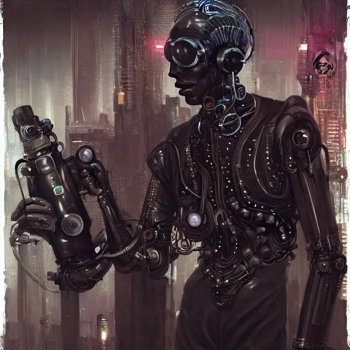 Image similar to cyberpunk black man at 20s with robot eyes, short hair, tiny thin mustache, thin face, wearing headphones, holding a big camera, by Wayne Barlowe by peter Mohrbacher by Giger, dressed by Alexander McQueen and by Neri Oxman, metal couture hate couture editorial