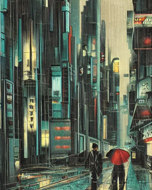 Prompt: melancholy rainy night of cyberpunk city life by de chirico