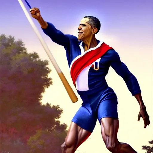 Image similar to barrack obama throwing a javelin in traditional olympic uniform, detailed, digital painting, artstation, concept art, donato giancola, joseph christian leyendecker, wlop, boris vallejo, breathtaking, high details, extremely detailed, establishing shot, artistic, hyper realistic, octane render