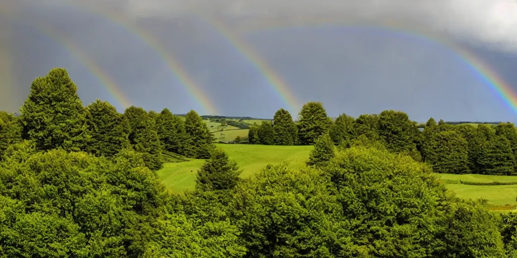 Prompt: a yorkshire countryside covered with evergreen trees on an afternoon with a rainbow in the clear sky,