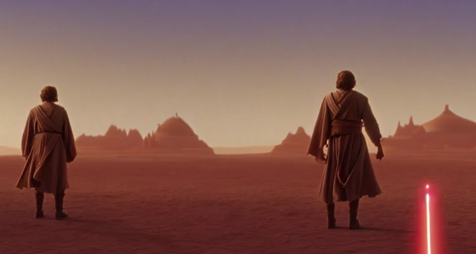 Image similar to beautiful wide shot tatooine landscape, obi wan kenobi, Luke skywalker, Star Wars a new hope 1977, studio ghibli, Miyazaki, Greg rutkowski, Jean girard, Moebius , animation, golden hour, highly detailed, 70mm