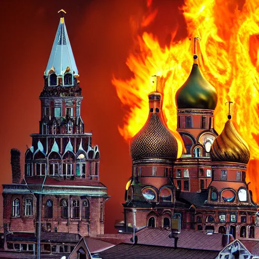 Image similar to high quality image of burning Kremlin, highly detailed