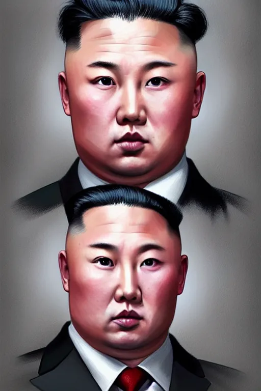 Image similar to vladimir putin with kim jong un hairstyle, realistic portrait, symmetrical, highly detailed, digital painting, artstation, concept art, smooth, sharp focus, illustration, cinematic lighting, art by artgerm and greg rutkowski and alphonse mucha