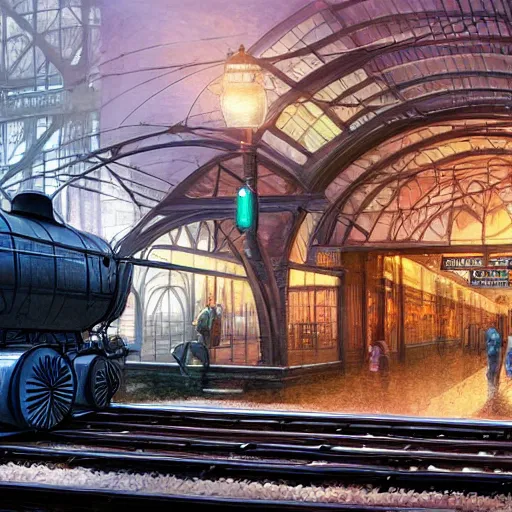 Prompt: a train entering a train station, fantasy, hd, volumetric lighting, 4 k, intricate detail, by jesper ejsing, irakli nadar
