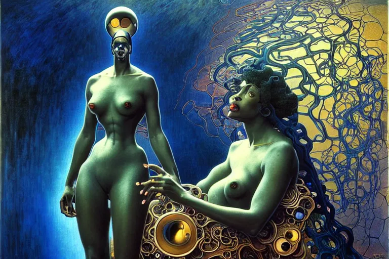 Image similar to realistic extremely detailed portrait painting of a beautiful black woman with a robot, futuristic sci-fi landscape on background by Jean Delville, Amano, Yves Tanguy, Mark Brooks, Alphonse Mucha, Ernst Haeckel, Edward Robert Hughes, Roger Dean, rich moody colours, blue eyes