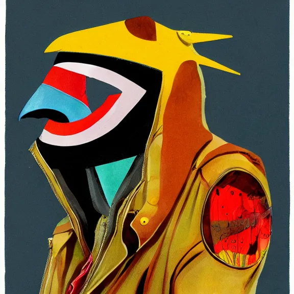 Prompt: illustration of model in plastic bird mask wearing baggy colorful 9 0 s rick owens jacket by frank frazetta.