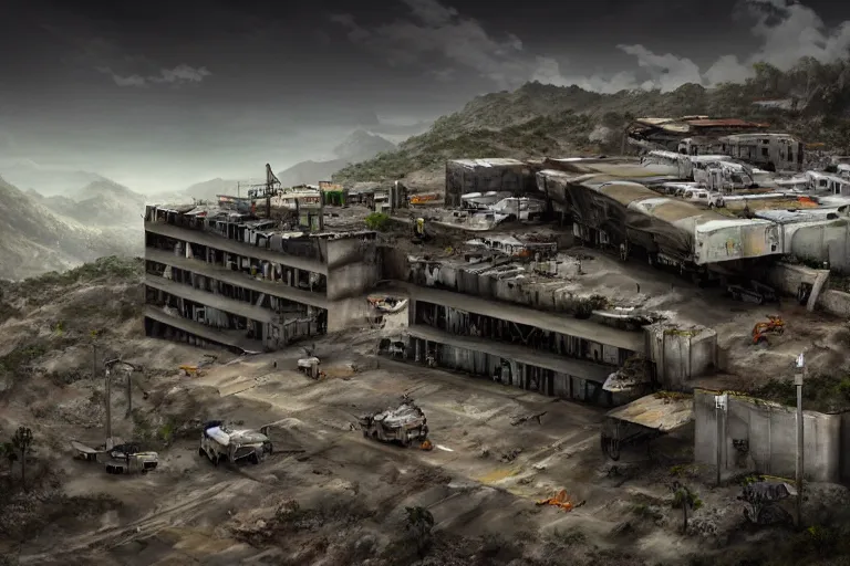 Image similar to favela hospital hangar bunker, desert environment, industrial factory, cliffs, gloomy, milky way, award winning art, epic dreamlike fantasy landscape, ultra realistic,