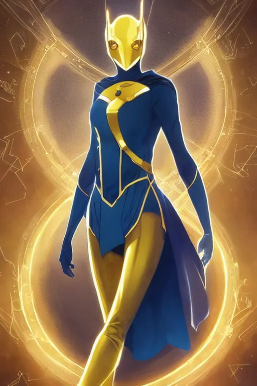 Image similar to anime key visual of a beautiful young female doctor fate!! intricate, gold and blue suit, cape, glowing, powers, dc comics, cinematic, stunning, highly detailed, digital painting, artstation, smooth, hard focus, illustration, art by artgerm and greg rutkowski and alphonse mucha