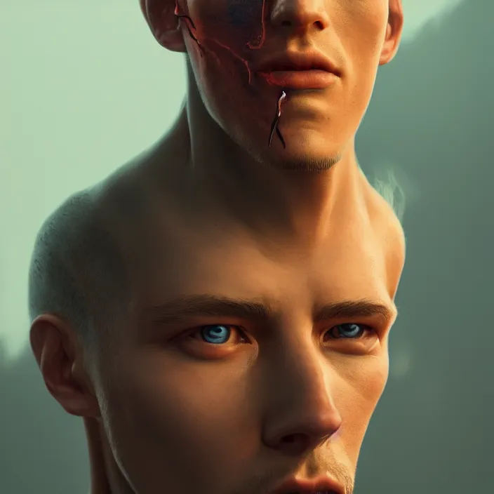 Image similar to portrait of a male model with a scar over his eye, by Tooth Wu, wlop, beeple, dan mumford. octane render, trending on artstation, greg rutkowski very coherent symmetrical artwork. cinematic, hyper realism, high detail, octane render, 8k, iridescent accents