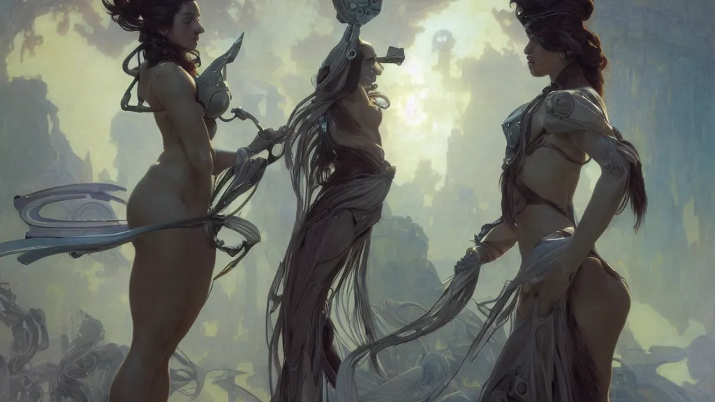 Prompt: modern elegant female cyborg greek goddess, space opera, feminine, powerful, beautiful, upper body, muscular, armour, highly detailed, digital painting, platinum, ghibli animated film, volumetric lighting, octane render artstation, concept art, smooth, sharp focus, illustration, by gaston bussiere, mucha, gerome, craig mullins, greg rutkowski, john singer sargent