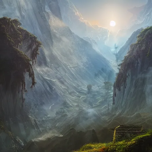 Prompt: a beautiful and highly detailed digital art of nepal in science fiction movie, detailed high buildings and rockets, forgotten valley, swirling mist, lush forests, intricate details, epic scale, insanely complex, 8 k, sharp focus, hyper realism, fantasy landscape, psychedelic, by caspar friedrich,