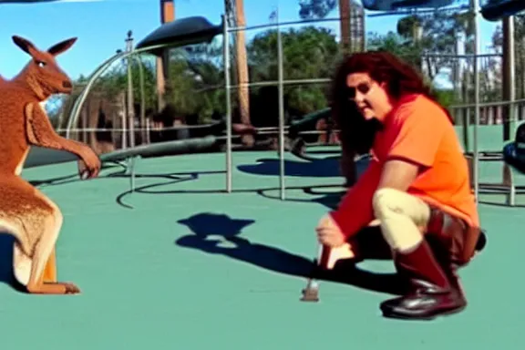 Image similar to weird al fighting a kangaroo in a playground