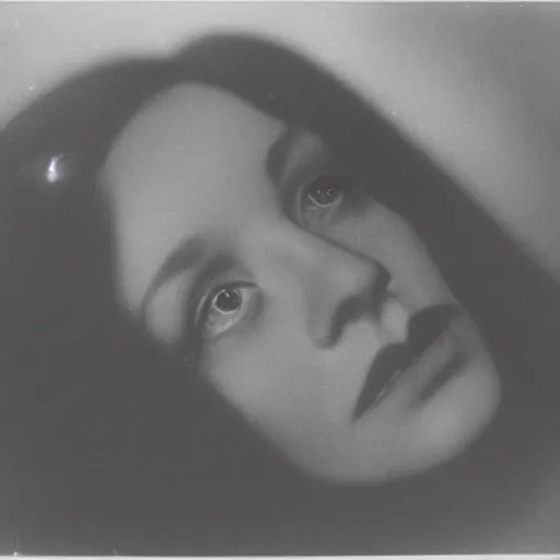 Prompt: film still of a young female with dark features decaying with the thought of her life ahead of her, despondent, waiting in search of some other place, moonlit night, dark mood, accentuated shadows, in style of william mortensen