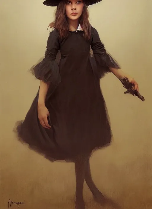 Prompt: a portrait of a thirteen year old girl with brown hair. she is wearing a simple dress and a black pointed witch hat. beautiful painting with highly detailed face by greg rutkowski and magali villanueve