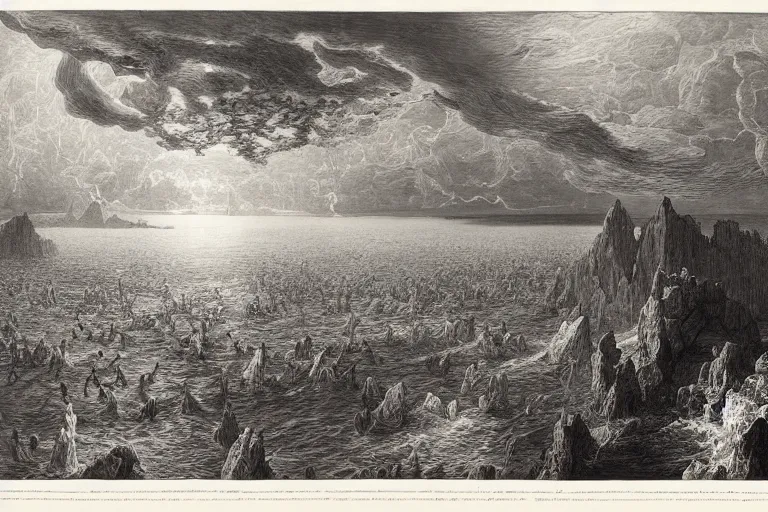 Image similar to aerial view, the crossing of the red sea, Gustave Dore lithography