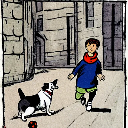 Image similar to illustration of french boy on the streets of paris playing football against a corgi, the dog is wearing a polka dot scarf, comic, 1 9 7 2