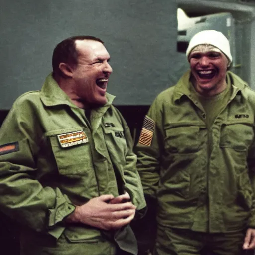 Prompt: a high quality color creepy atmospheric dimly lit extreme closeup film 3 5 mm depth of field photograph of 2 men wearing army fatigues laughing hysterically having casual conversation inside a top secret military base in antarctica in 1 9 8 2