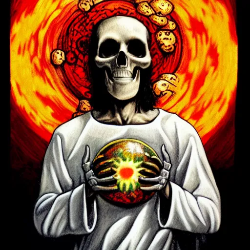 Image similar to ultrarealistic comic painting of a skull face Jesus Christ with the earth sphere in background, drowning into thermonuclear blast mushroom, praying for peace