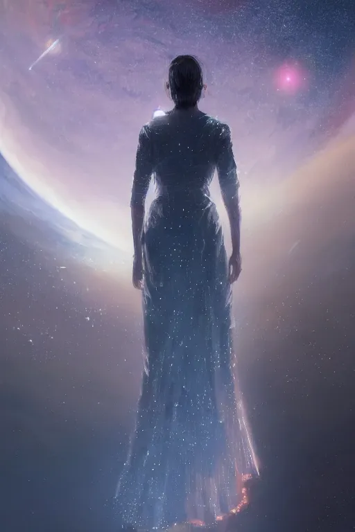 Image similar to a woman, wearing a dress made of stars, rim lighting, dramatic, planets in the background, smooth, sharp focus, very detailed, by greg rutkowski, artstation, tom badshaw, 8 k, symmetrical detailed face